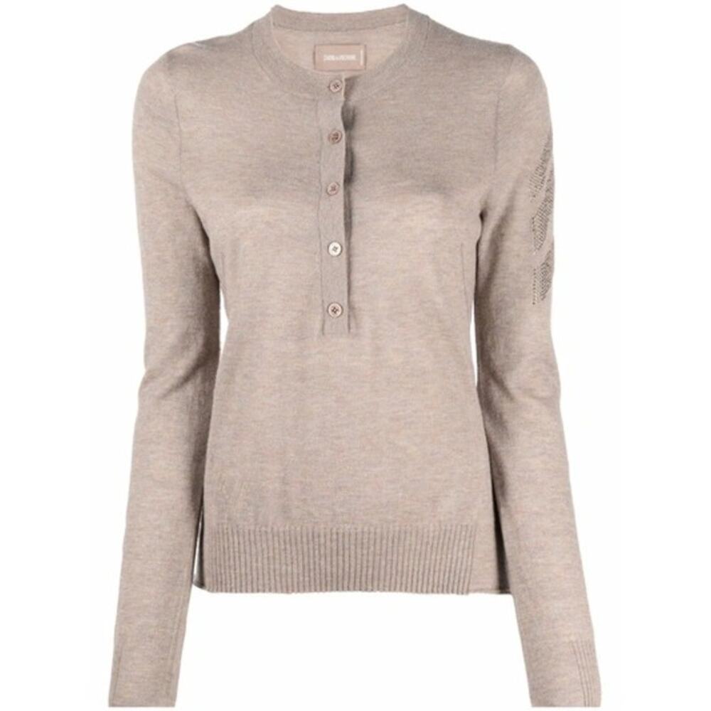 Zadig & Voltaire 100% Cashmere Henley Sweater Cappichino Tan Arrow - Size Small